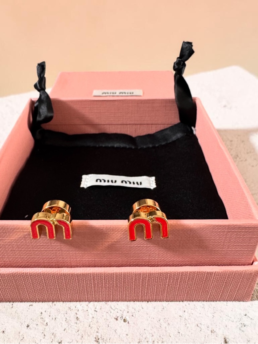 Miu Miu Gold-Tone Logo M Stud Enamel Earrings in Red
